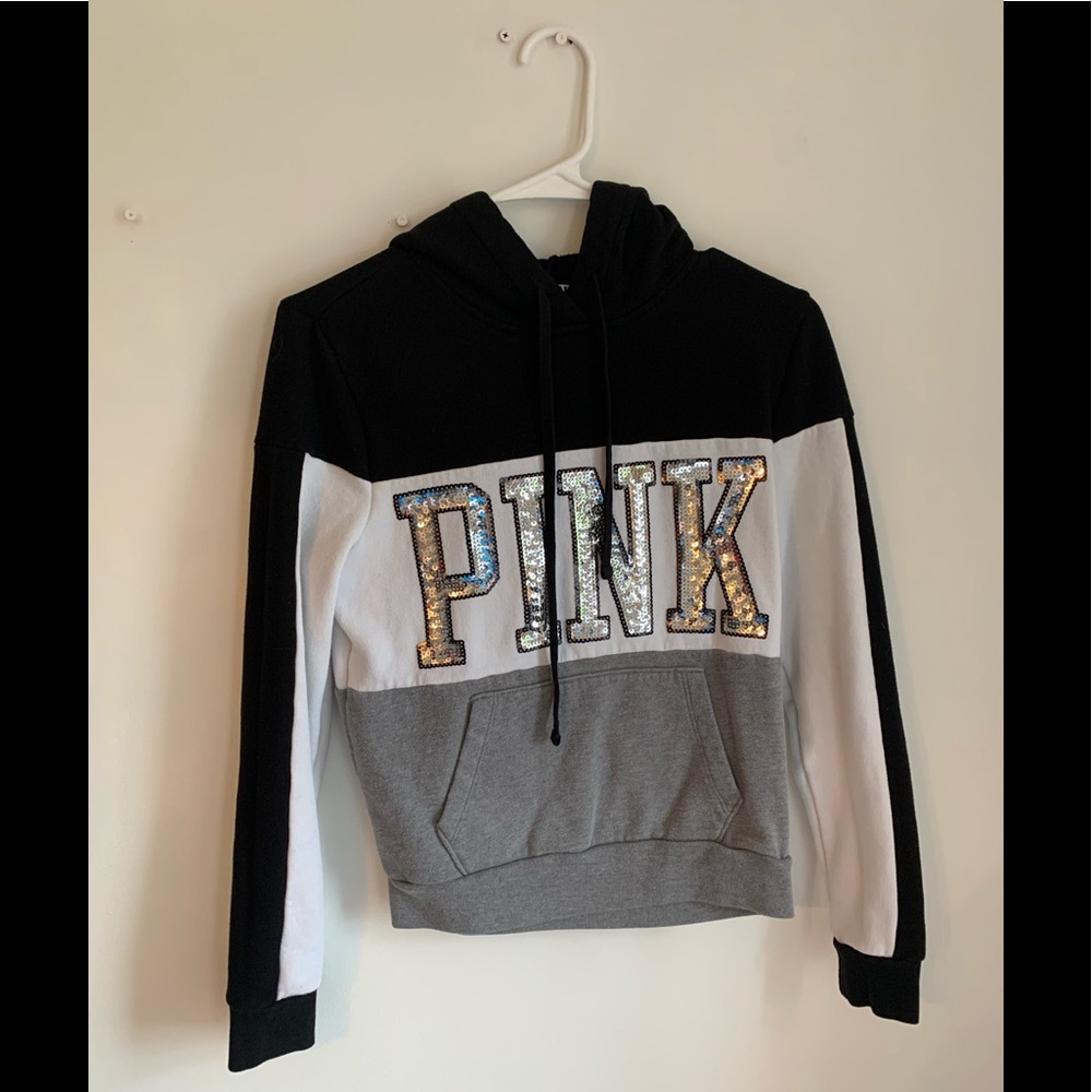 gray black sequin hoodie pink
